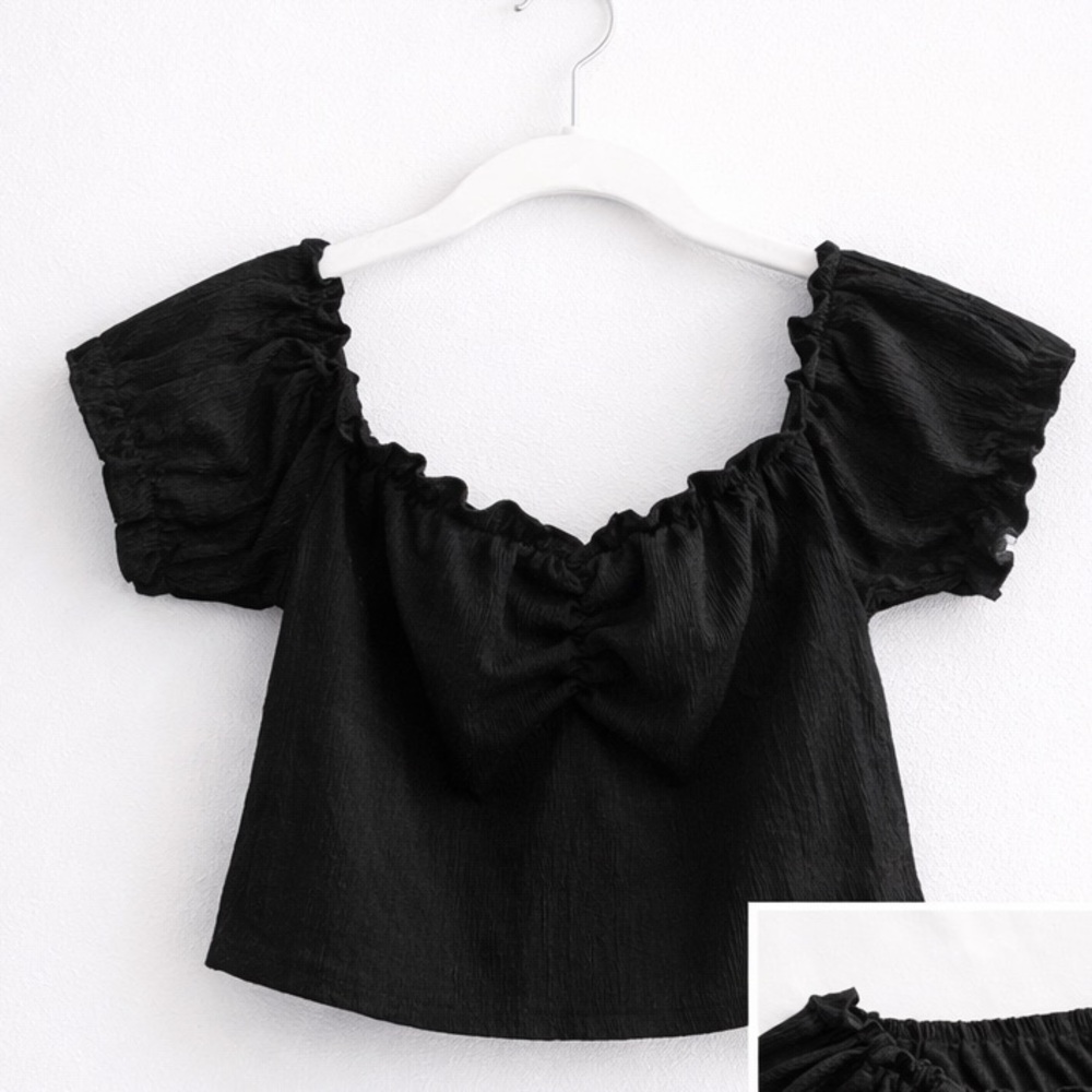 ZARA Black Off Shoulder Crop Top Small | Puff Sleeve Chic Minimalist Aesthetic